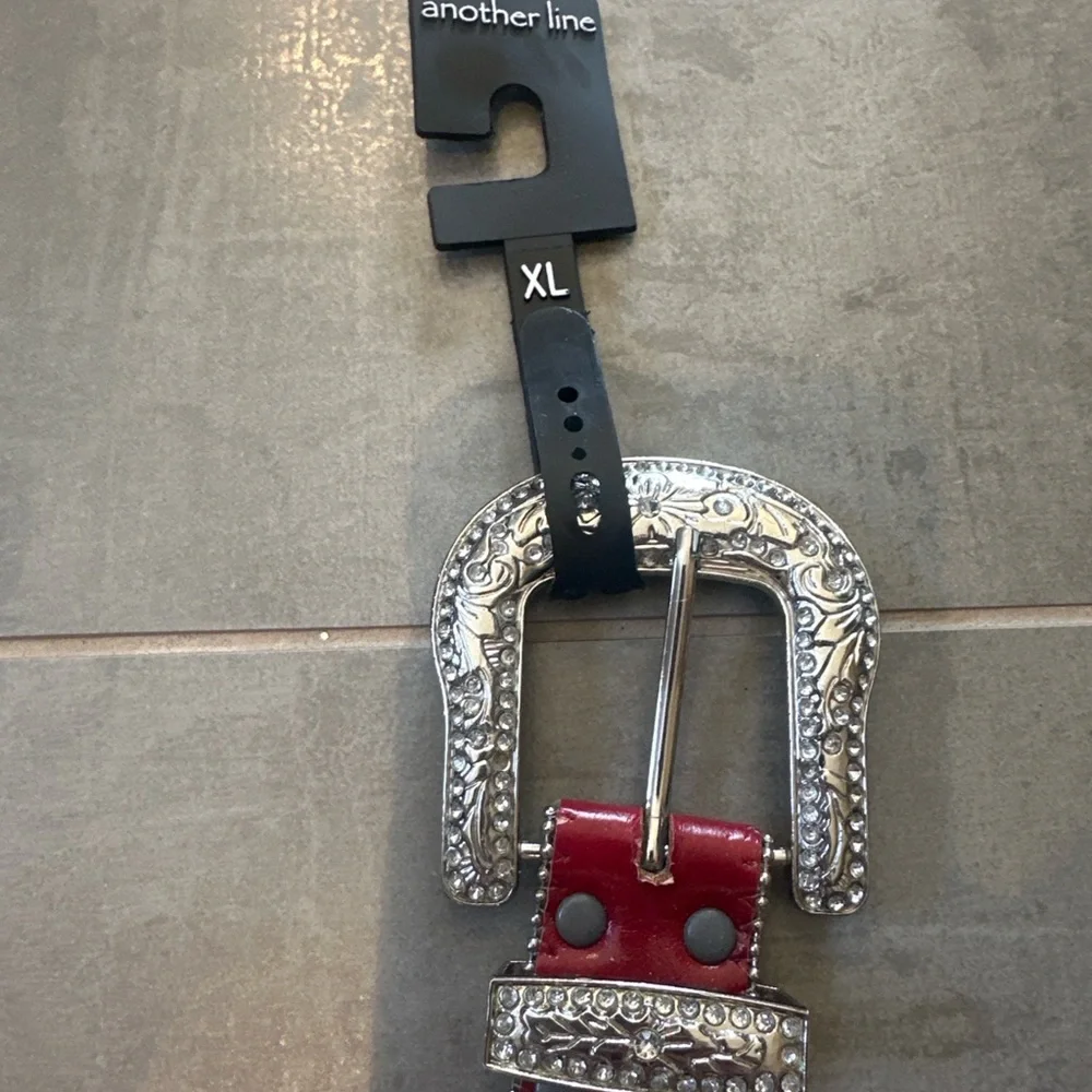 Elegant Red Studded Belt with Ornate Silver Buckle NWT